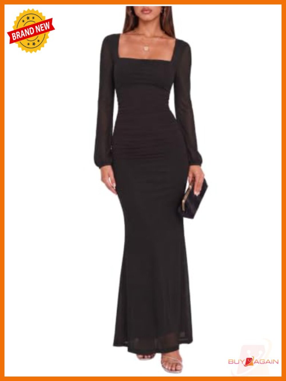 Square Neck Mesh Long Sleeve Bodycon Maxi Dress Wedding Guest Cocktail